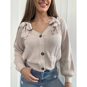 Mable Alex Off Shoulder Self Tie Strap Button Down Sweater In Pink/ Cream